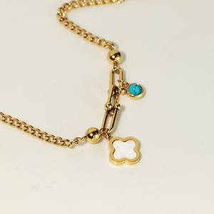 Waterproof 304 Stainless Steel Paperclip Chain <b>Bracelet</b> 18K <b>Gold</b> Plated Floral Charm Round Bead Adjustable Women <b>Beaded</b> <b>Bracelet</b> - Product Image 2