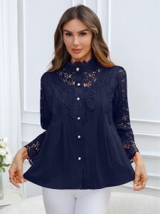 Camisa Casual de Encaje Bordado Sencillo para Mujer, Primavera/Verano 2026, Prenda Exterior de Manga Larga Tejida, En Stock - Product Image 2