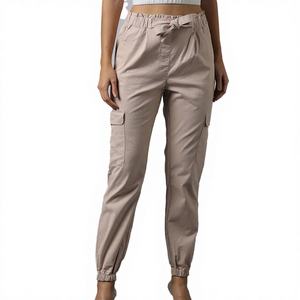 Joggers confortables pour femmes à taille mi-haute, extensibles, devant plat, en tissu Oxford 100% coton, avec taille élastique, poignets élastiques, poches latérales, pour le quotidien - Product Image 1