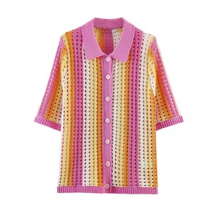 SHENZHU Nouvelle Collection Été 2026 <span class=keywords><strong>Femme</strong></span> – <span class=keywords><strong>Pull</strong></span> Tricoté Rayé à Col Carré et Manches Courtes avec Détails Creux Style Européen et Américain 3921037 3921038 - Product Image 1