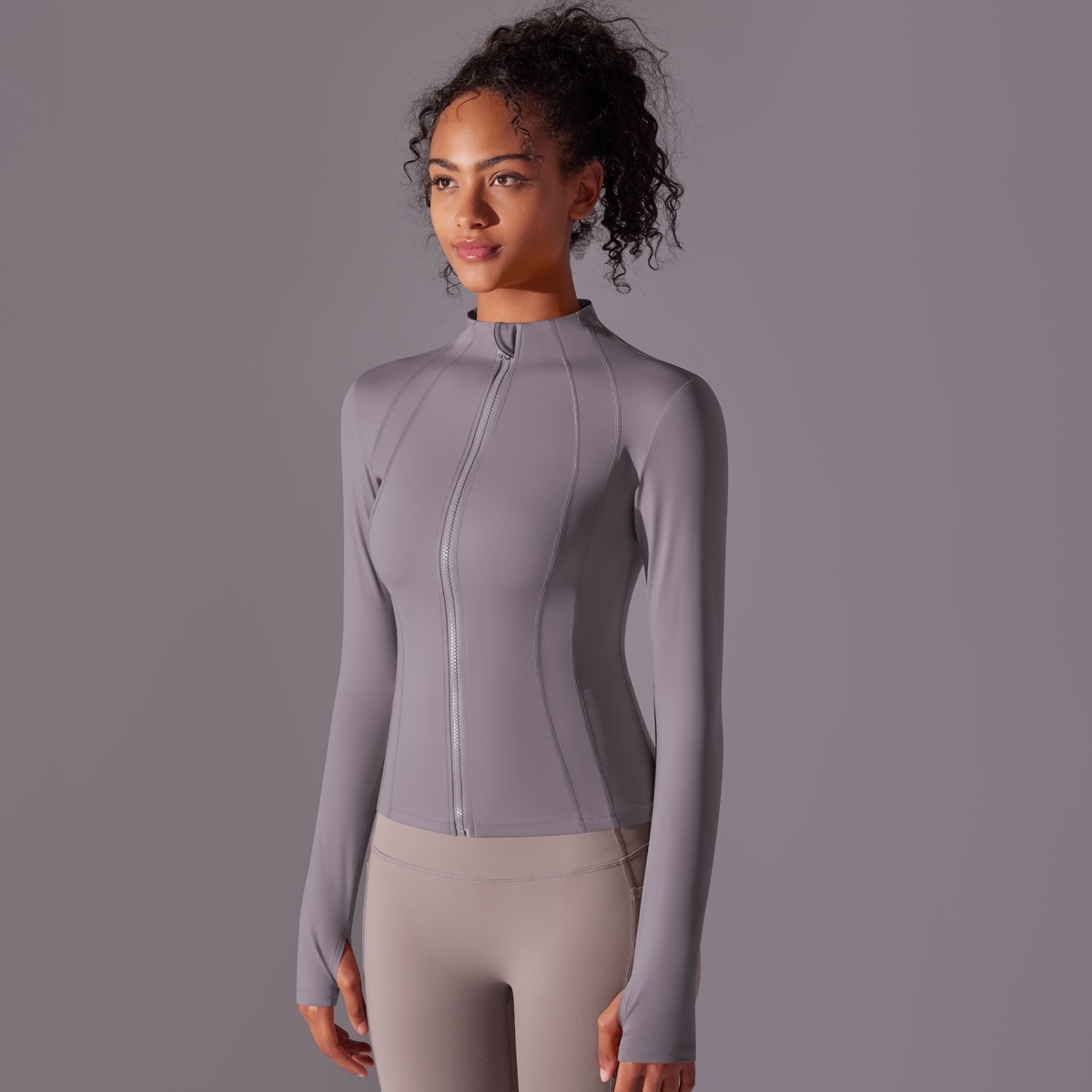 High Neck Zip-Up Solid Color Fleece-Lined Long Sleeve Yoga Jacket for Women Slim Fit Workout Top