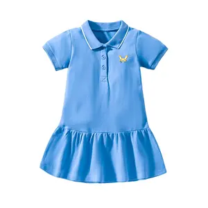 Top Manufacturer Fashion Blue Solid color sporty dress girls casual rib dress baby girls dresses 4 to 6 years