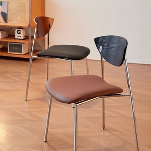 Chaise de salle à manger vintage en bois massif, assise noire rembourrée, acier inoxydable, style nordique rétro, pour café ou usage domestique - Product Image 3