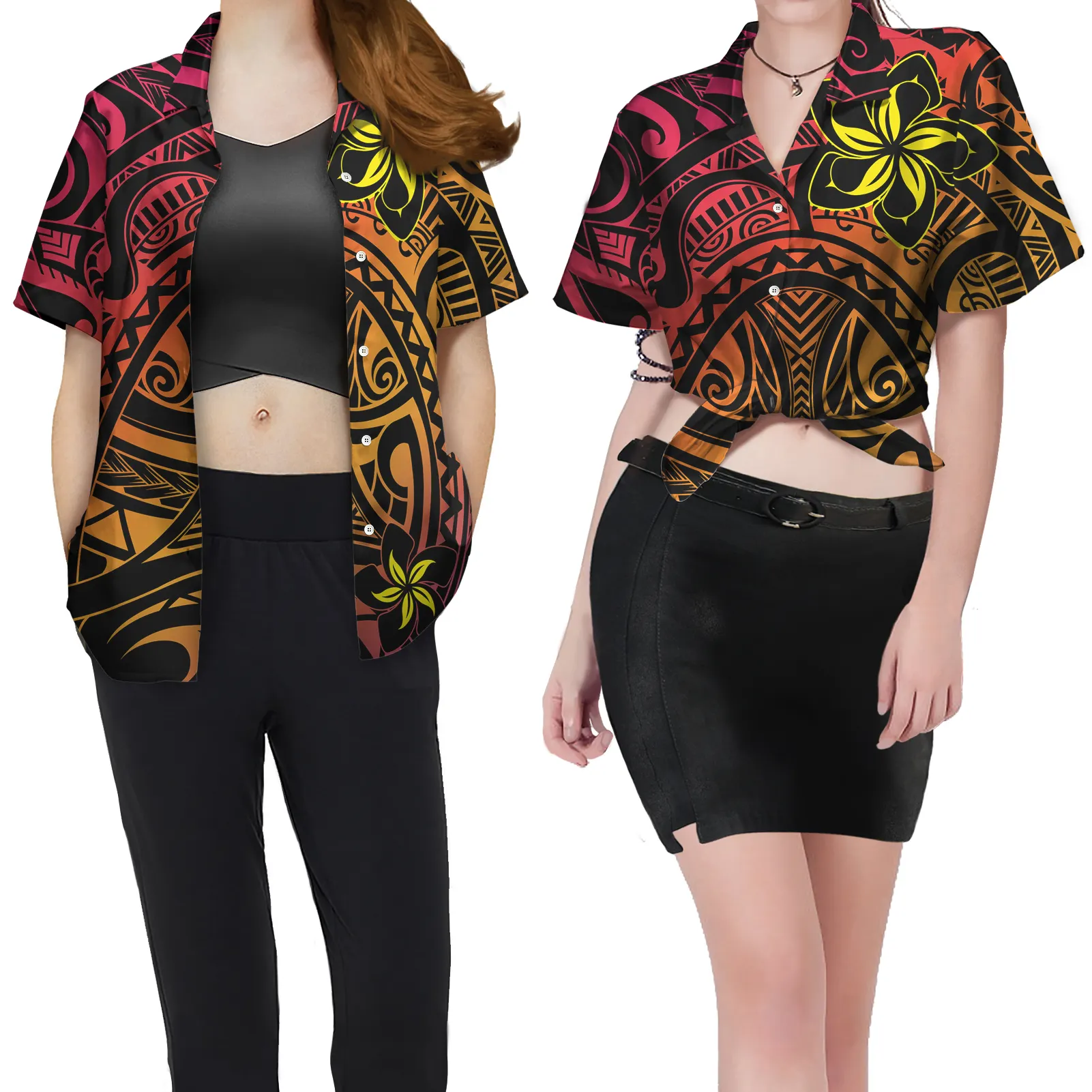 Blusa Hawaiana de manga corta con cuello en V para verano, camisa con estampado de marquesina polinesiana Samoan