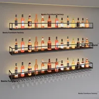 Meuble Bar Lumineux Moderne, Meuble à Vin Mural Simple et Créatif, Étagère de Rangement pour Restaurant, Panneau en Fer Artistique, Porte-Verres à Vin Rouge
