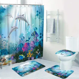 3d okyanus duş perdeleri banyo setleri özel Polyester duş perdesi ve paspas kilim banyo halı tuvalet ile tuvalet paspası