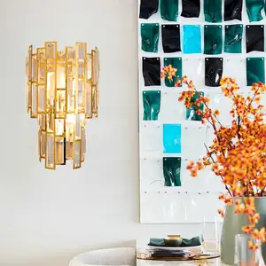 Đèn tường pha lê thủy tinh vàng hiện đại sang trọng đẹp sconce khách sạn phòng khách cạnh giường ngủ Bắc Âu