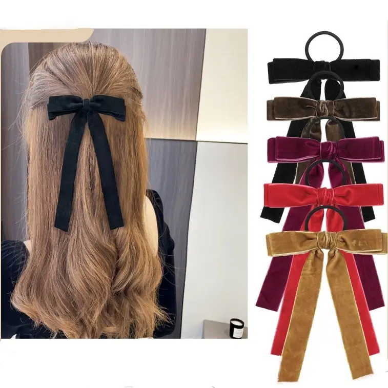 Franse Retro Zwarte Lange Fluwelen Lint Hoge Elastische Haarbanden Haar Strik Voor Meisjes Haar Clip Kleurrijke Lange Staart Strik