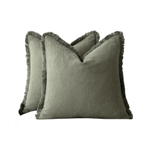 Funda de Almohada Decorativa con Flecos 100% Algodón Puro Lavado |   Funda de Cojín para Sofá de 4 Piezas, Color Sólido Neutro, Estilo Wabi Sabi, con Bordes Deshilachados - Product Image 1