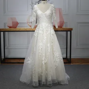 Aplike Modern lüks 2023 artı boyutu dantel çiçekler bayan Musulm balo elbisesi uzun kollu V boyun sürdürülebilir düğün elbisesi gelin