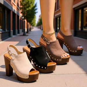 Fashion Trend Heeled Sandals Women <b>Open</b> <b>Toe</b> Chunky <b>Heel</b> <b>Platform</b> Buckle Decorated Solid Color Microfiber Lining High <b>Heel</b> 3-5 - Product Image 1