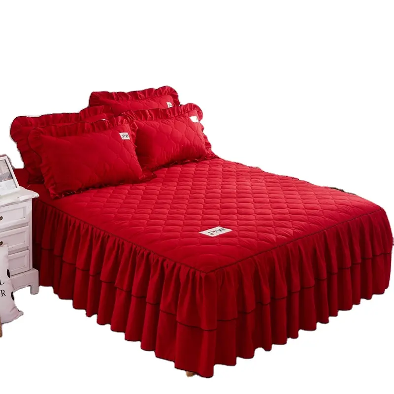 Comfortabele Vrij Ademen Pure Kleur Quilten Beddengoed Set Bed Rok Cover