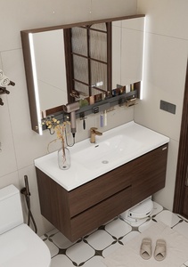 Vintage ceramic integrated basin intelligent lighting <b>mirror</b> <b>walnut</b> wall mounted bathroom cabinet - Product Image 2
