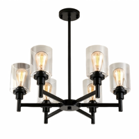 Lustre industriel rustique à 6 lumières, luminaire suspendu noir mat, base E26, tige de suspension réglable pour plafonds voûtés