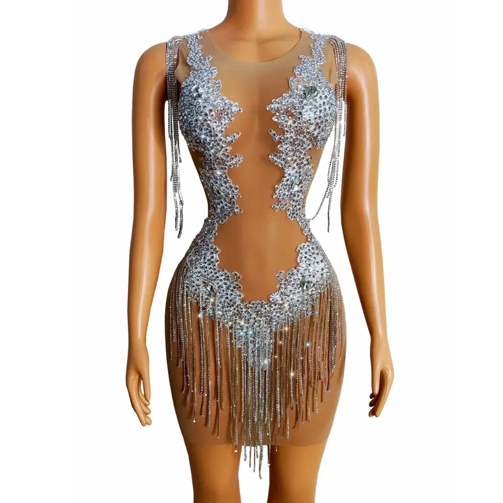 Robe de soirée sexy transparente découpée en cristal Robe de danse Slim Fit Robe fourreau de bal d'anniversaire pour femmes Robe de club de soirée sexy avec pompon