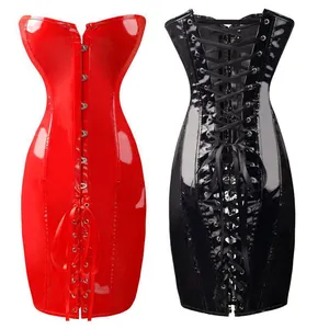 Sexy Women Sleeveless Red Black PVC Leather Dress Latex Erotic Club Bandage Costumes lace up Erotic Strapless Sheath Hollow Out