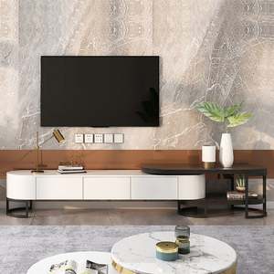 <span class=keywords><strong>Meuble</strong></span> TV extensible moderne AJUNION blanc avec plateau ovale en MDF, 3 tiroirs, <span class=keywords><strong>console</strong></span> multimédia, <span class=keywords><strong>meuble</strong></span> de rangement pour petit espace, salon - Product Image 1