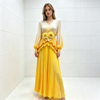 Robe longue plissée taille unique pour femme, printemps-automne, avec manches lanternes, ceinture florale, couleur dégradée et volants