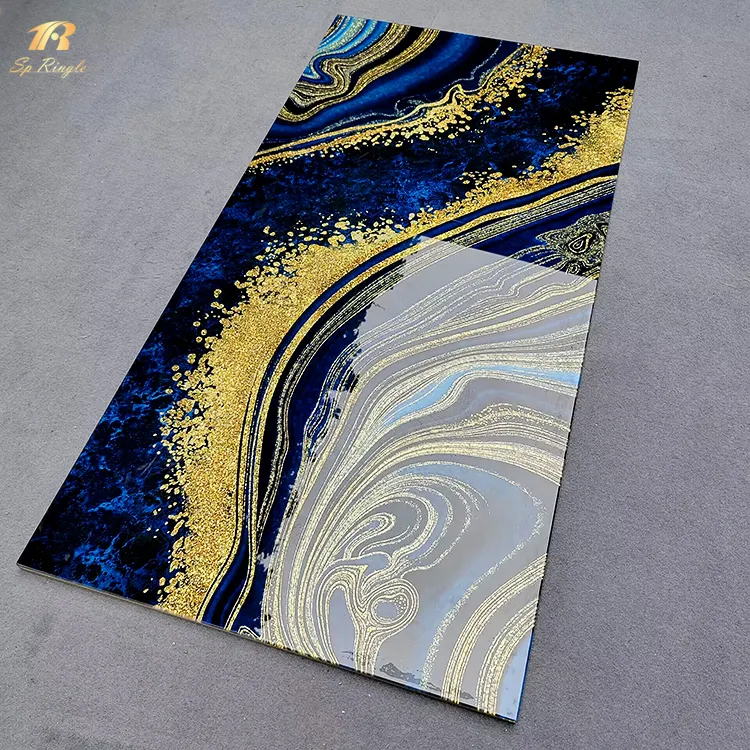 Foshan building materials porcelain blue gold mirror marble wall tile decoration onyx polished glazed marble look slab wall tile