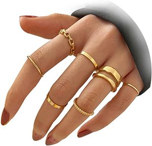 Assorted gold midi rings laid out on white background
