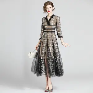 Robe longue en dentelle brodée à la machine pour femmes, 2022, élégante robe sociale française, longue, en maille, nouvelle collection