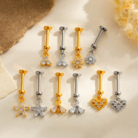 Pendientes de acero inoxidable Maina para piercing de cartílago, con circonita cúbica, diseño de corazón y mariposa, tipo barbell, para labio, con rosca interna y parte trasera plana
