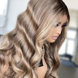 Women Real Human Hair Wig HD 360 Lace Frontal Wigs Dark Honey Blonde Highlights Colored Loose Wave Full Lace Wig Top Raw virgin