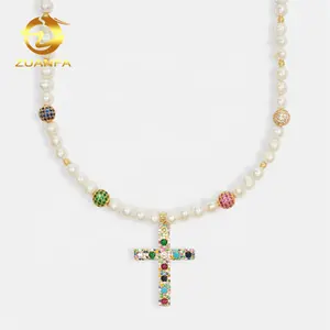 Brass Gold Plated Multi Color Gemstone 5A Cz Cubic Zirconia Iced Out Ball Rosary Cross Pearl Necklace