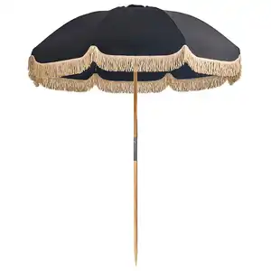 Parasol de lona personalizado de lujo, sombrilla con flecos, sombrilla de playa de madera reciclada para jardín Vintage con borlas para exteriores