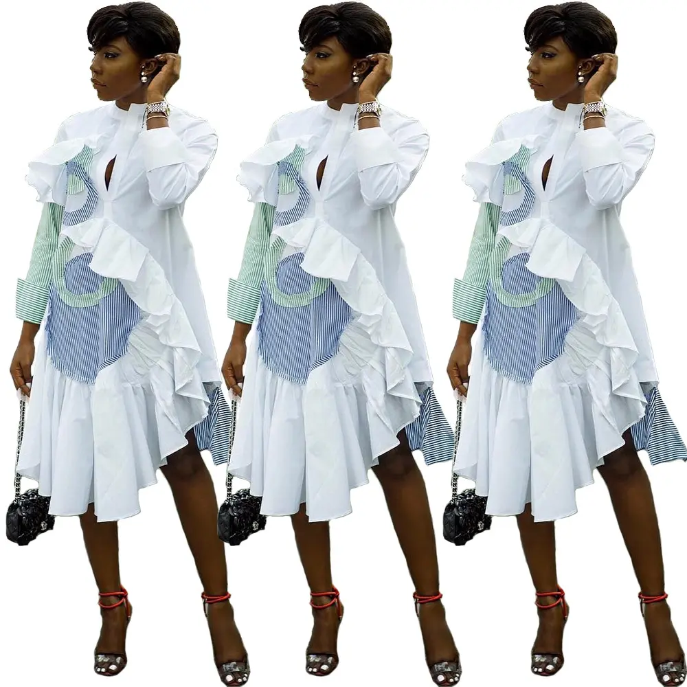 Yp New Herbst Winter Weiß Farbe Rüschen Designs Gestreifte Patchwork Mode Junge Frauen Damen Kleid