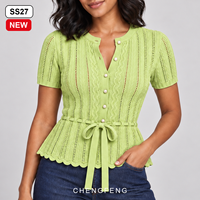 Haut pour femme élégant et raffiné, en maille torsadée à rayures ajourées, à manches courtes, col rond, avec ceinture et basque, personnalisable avec logo, fabricant OEM ODM