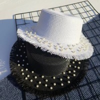 Chapeau de paille perlé haut plat femmes été tout match haut de gamme perlé voyage plage