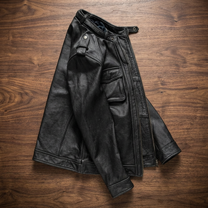 Blouson d'hiver en cuir pour homme avec col montant, design tendance et élégant, fermetures éclair aux poignets, style motard - Product Image 3