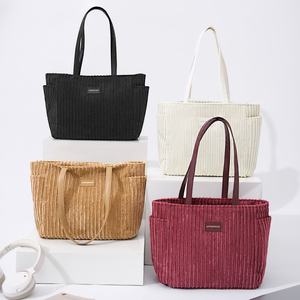 Vintage grote open beige boodschappentas duurzame casual schoudertas effen kleur dames corduroy tas - Product Image 3