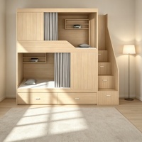 Lit superposé moderne en forme de L avec éclairage intégré, échelle, armoire à chaussures, rideau, lit superposé pour enfants 2 places avec rangement complet