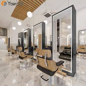 Yoocell new design black rectangle frame barber mirror station double sides salon mirror with led lights