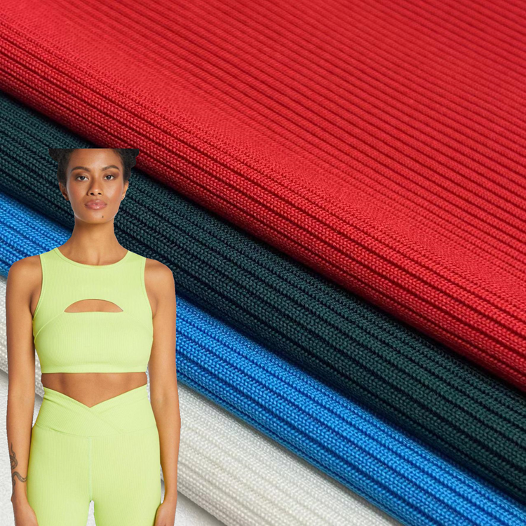 Приятный цвет на заказ, 95 полиэстер, 5 спандекс, 310 г/м2, лайкра, трикотажная 2*2 Спортивная ребристая ткань для йоги, плавания