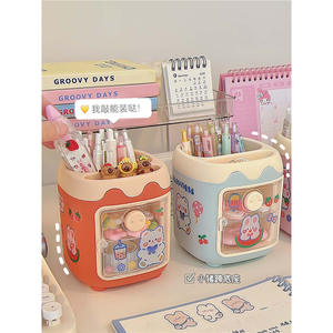 Happy Pigs – porte-stylo rond en plastique, boîte de rangement de papeterie avec couvercle magnétique, organisateur de bureau pour étudiants, dortoir - Product Image 3