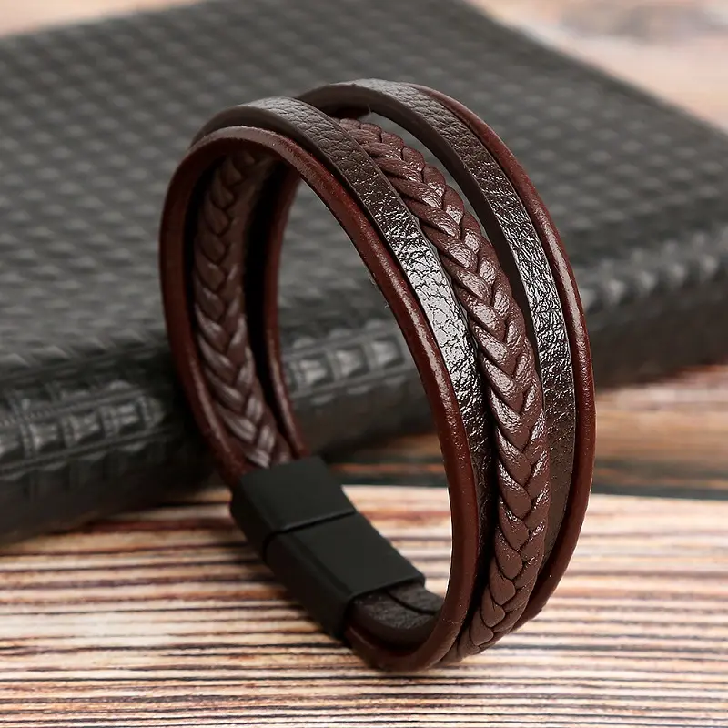 Modyle — bracelet tendance en cuir véritable pour hommes et femmes, bijou en alliage à cordes tressées multi-rangs,
