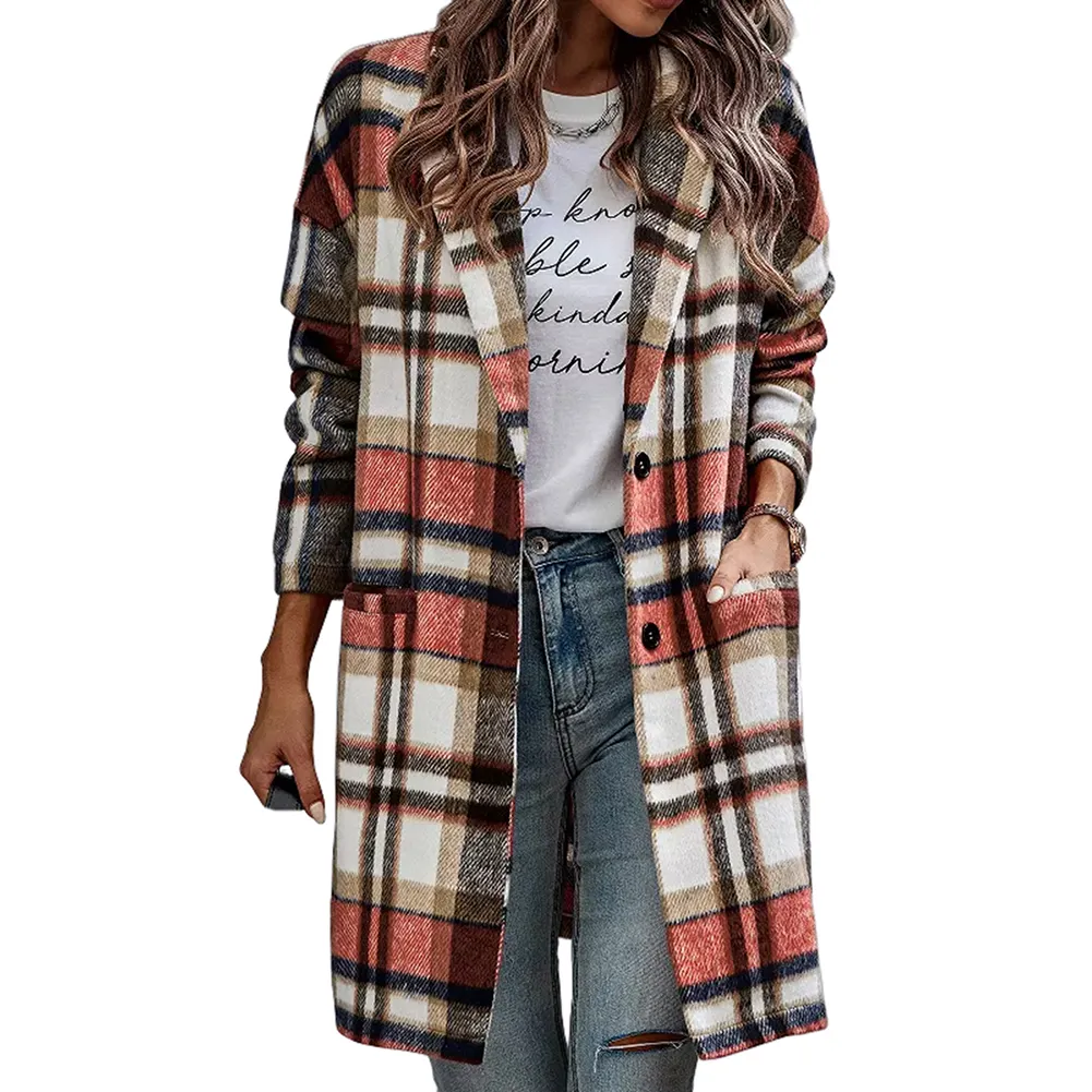 Best Design Womens Winter Suit Coat Casual Lapel Button Down Long Plaid Blazer Coat