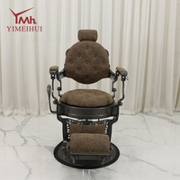 Fauteuil de barbier inclinable de luxe marron mat rétro avec appui-tête, équipement de salon antique pour la coupe de cheveux