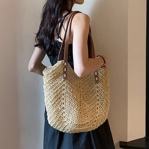 Straw Woven Tote Bag Women Large Capacity Bohemian Style Beach Vacation Shoulder Bag Horizontal <b>Square</b> Zipper Closure - Product Image 5