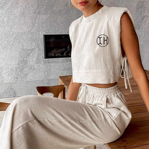 Personalizzare l'alta qualità Set di lino 2 pezzi senza maniche girocollo <span class=keywords><strong>con</strong></span> cravatta laterale Top <span class=keywords><strong>tasche</strong></span> larghe <span class=keywords><strong>pantaloni</strong></span> - Product Image 3