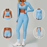 Ensemble de sport 4 pièces respirant avec logo personnalisé : veste, short taille haute, leggings pour femme – Idéal pour l'entraînement et la gym