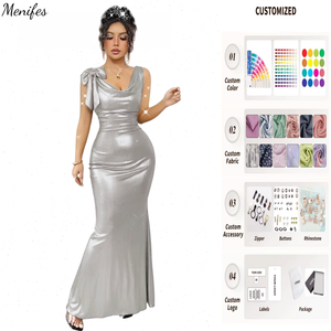 Vestido Largo de Noche para Mujer en Dorado Metálico Estilo Sirena con Espalda Descubierta y Detalle de Lazo para Fiesta y Graduación - Product Image 1