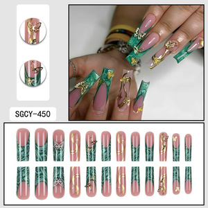Uñas portátiles con degradado <span class=keywords><strong>verde</strong></span> francés con diseño de mariposa de lujo 24 piezas diamantes de imitación de punto dorado para dedos puntas de uñas de moda - Product Image 4