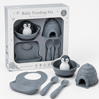 Ensemble d'alimentation pour bébé en silicone personnalisé sur le thème de l'hiver : bol pingouin, tasse igloo, bavoir flocon de neige, cuillère et fourchette – sans BPA – Vaisselle pour tout-petits
