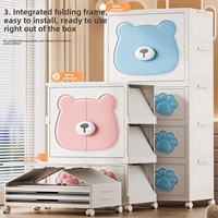 Armoire de rangement pliable à thème ours mignon, double porte, en plastique épaissi, capacité 35L, pour chaussures, vêtements et garde-robe à domicile