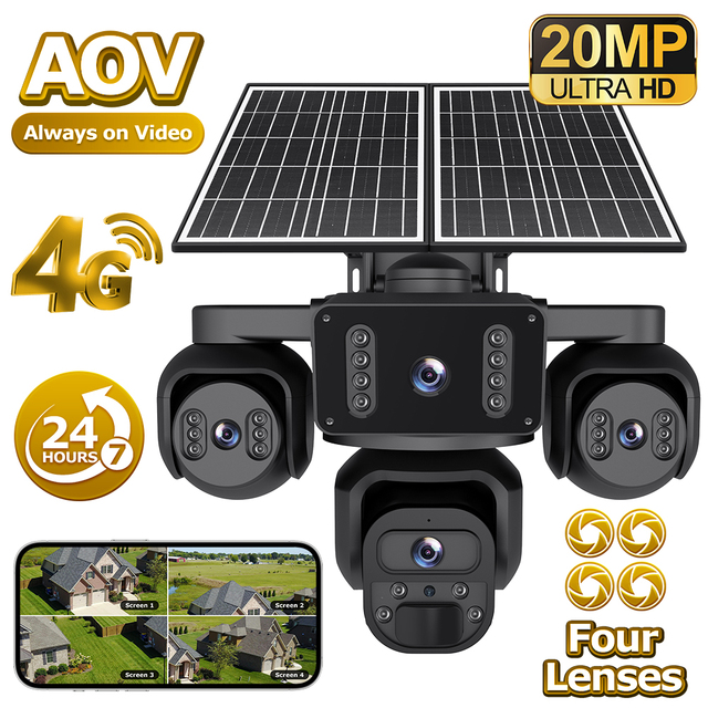 SECTEC 20MP Four Screen 24/7 Recording AOV 4G Solar Battery Security Camera PTZ Outdoor IP66 Full Color Night Vision CCTV Camera
