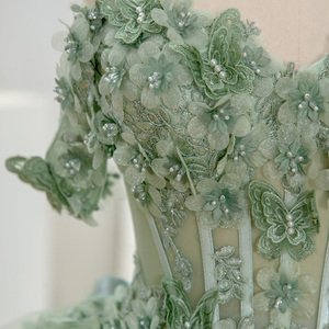 Vestidos de Quinceañera Verde Claro con Hombros Descubiertos, Vestidos de Fiesta de Cumpleaños con Cuentas y Flores 3D para Niñas, Lsyb08 - Product Image 6